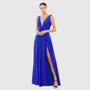 FLAWED - NWT Mac Duggal Jersey Plunge Neck Evening Gown Royal Blue 4 #8574